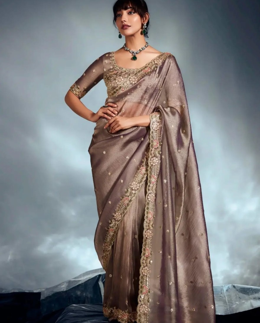 BROWN - Noteworthy Brown Sequins Work Organza Reception Wear Saree With Blouse